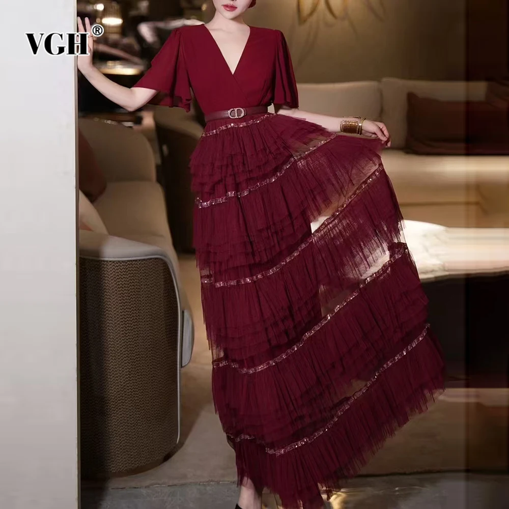 

VGH Luxury Vintage Patchwork Sashes Dresses for Women V Neck Flare Sleeve High Waist Patchwork Tiered Mesh Long Dress Female New