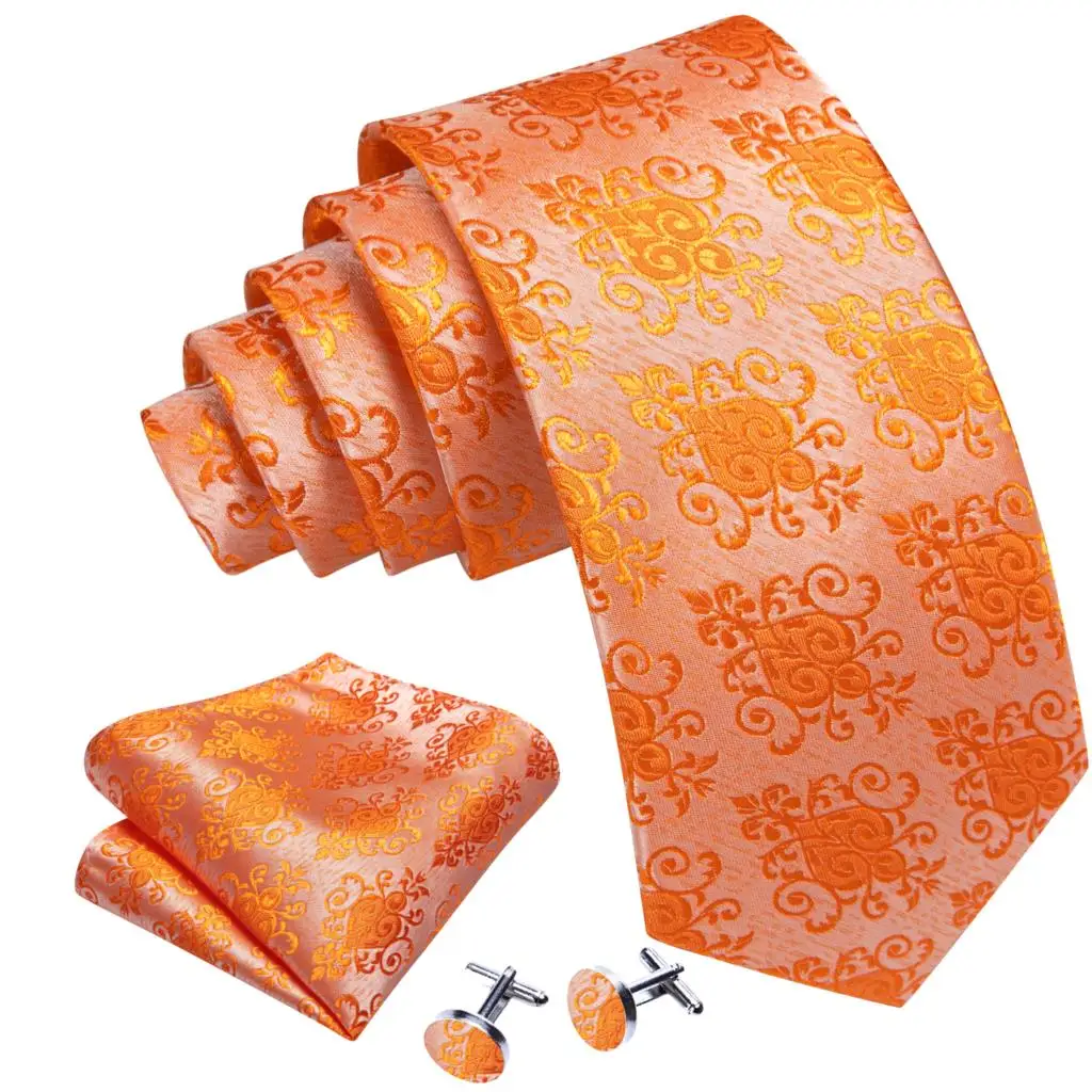 Exquisite Orange Silk Men Tie For Wedding Classic Jacquard Woven Pocket Square Cufflinks Sets Business Party Gifts Barry.Wang