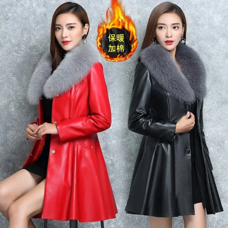 2024 New PU Leather Women's Mid-length Imitated Fox Fur Collar Leather Jacket Warm Cotton Fur Coat Women's Slim Jacket Coat