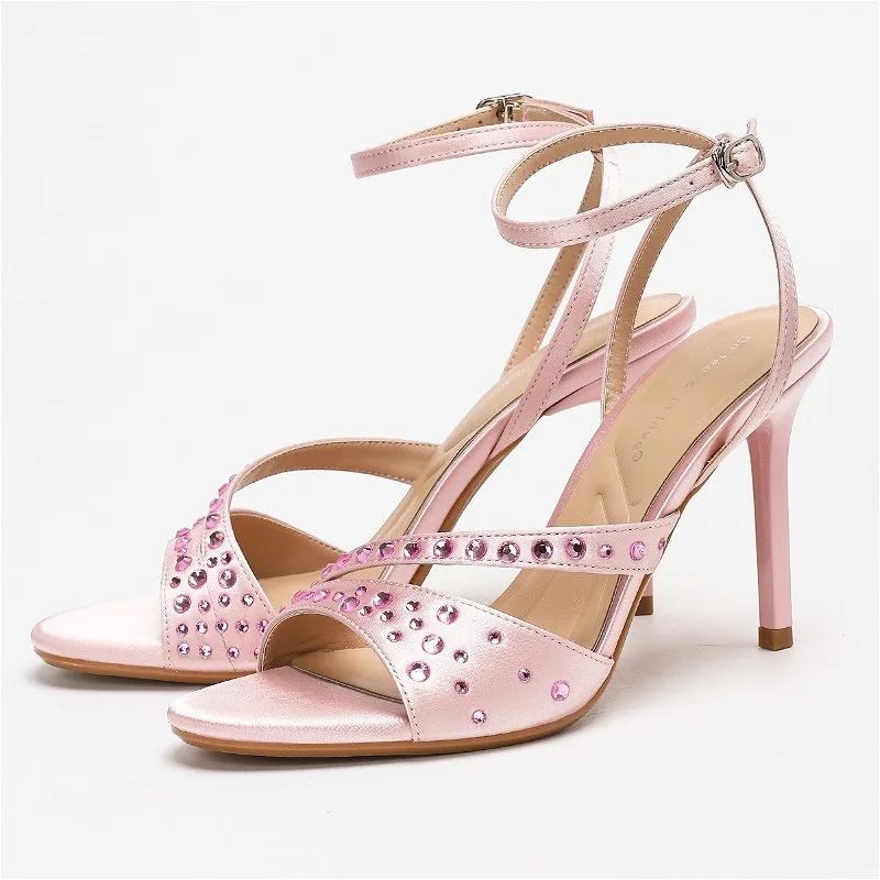 

Shine Rhinestone Satin High-heeled Sandals for Women Sexy Peep Toe Ankle Strap Designer Sandals Women Fashion Party Wedding Shoe