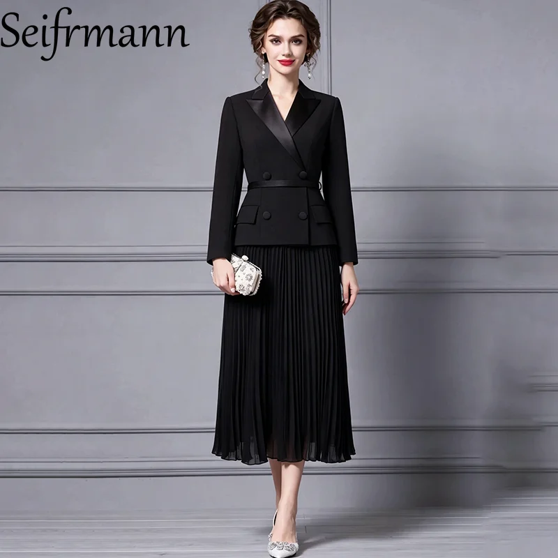 Seifrmann Solid Color Fake Two Piece Pleated Dress Suit Collar Long Sleeve Waist Midi Dress 2026 Autumn Women's New Style