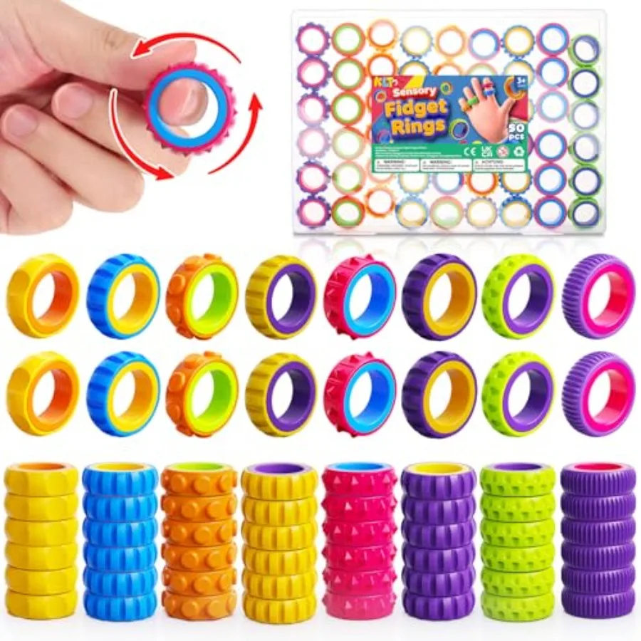 Anillos Giratorios Antiestrés de Calidad Garantizada: Paquete de 50 Anillos Giratorios Texturizados - Juguetes Antiestrés al por Mayor para el Aula Escolar - Silenciosos