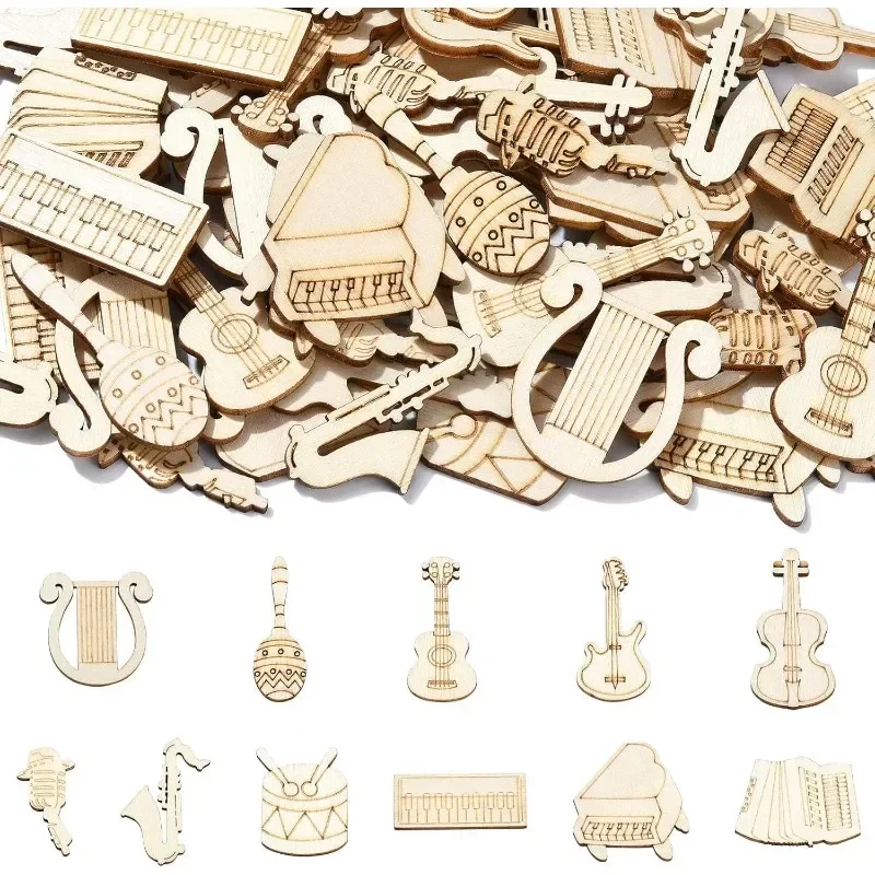 

25pcs Musical Instruments Wood Cutouts Piano Drum Guitar Laser Cutouts Unfinished Music Wooden Ornaments for DIY Arts Craft