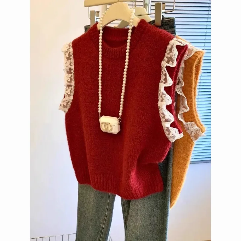 Women Sweater Vest Retro Patchwork Lace Knitted Solid Loose Sleeveless Vest High-quality Korean Soft Keep Warm Sweater Pullover