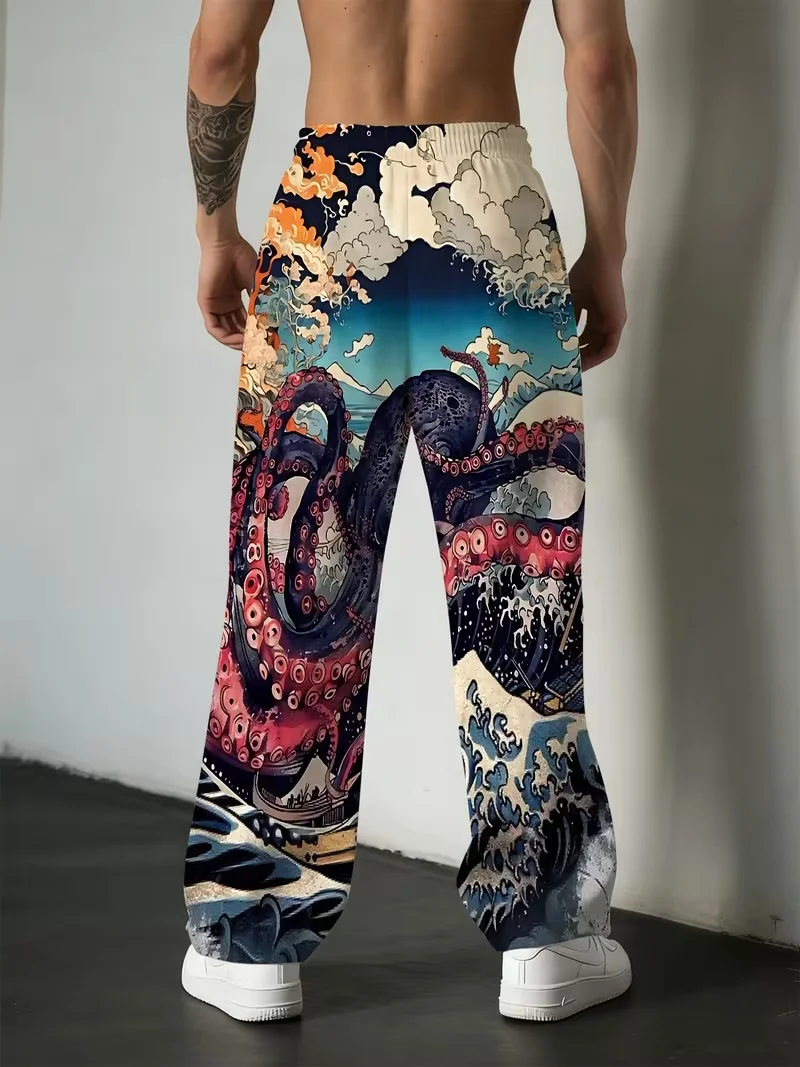 Japanese Ukiyo-e Art Pants Giant Octopus Kreken Kanagawa Wave Pattern Drawstring Elastic Waist Loose Casual Pants