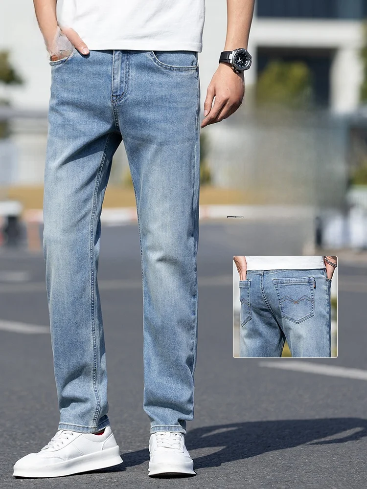 Celana Jeans Denim Amerika Retro Celana Panjang Lurus Ramping Pria Celana Pria Elastis Kasual Baru Musim Semi Musim Panas Faion Urban Sle