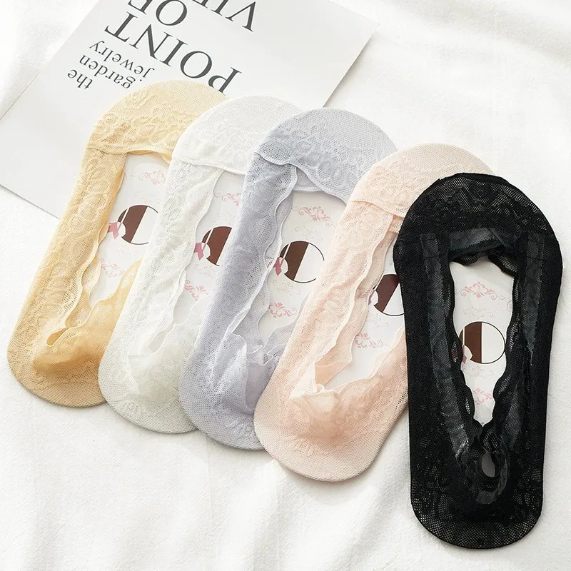 1/5 Pairs Women Lace Boat Socks Solid Color Shallow Bottom Cotton Summer Thin Breathable Silicone Anti Slip Invisible Socks image 5