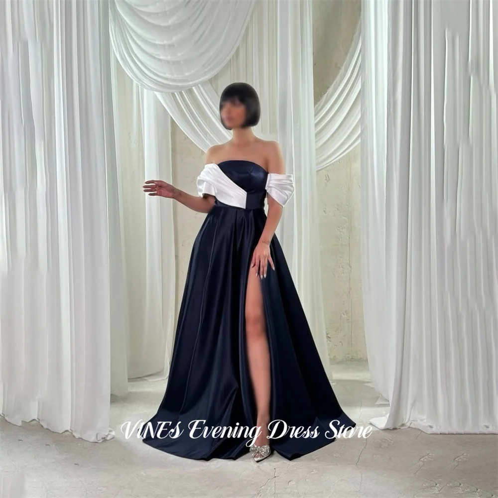 

VINES Black A Line Satin 프롬 드레 Off the Shoulder Elegant Prom Gown with High Slit Party Dress for Formal Event Customized