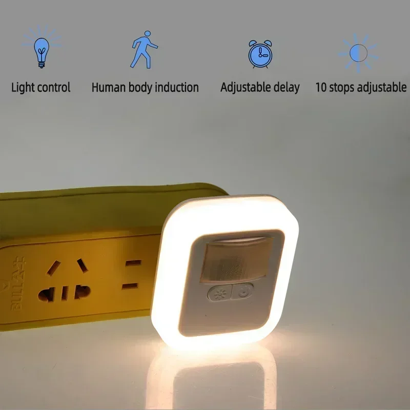 Imagem -06 - Led Inteligente Movimento Som Sensor de Luz Luz Noturna Plug-in Parede Luz Noturna Ajuste de Brilho Lâmpada do Quarto Escada Decoração Lâmpada