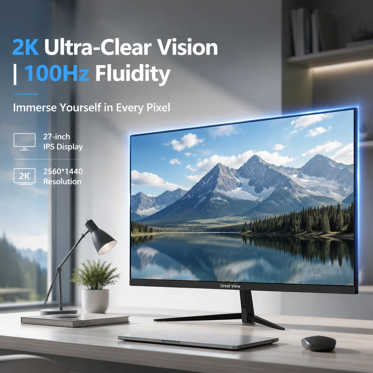 Monitor para juegos Full HD de 27 pulgadas, resolución 2K (2560 x 1440), alta frecuencia de actualización de 100 Hz, panel IPS, biseles ultradelgados, tecnología para el cuidado de la vista y ángulos de visión ajustabl