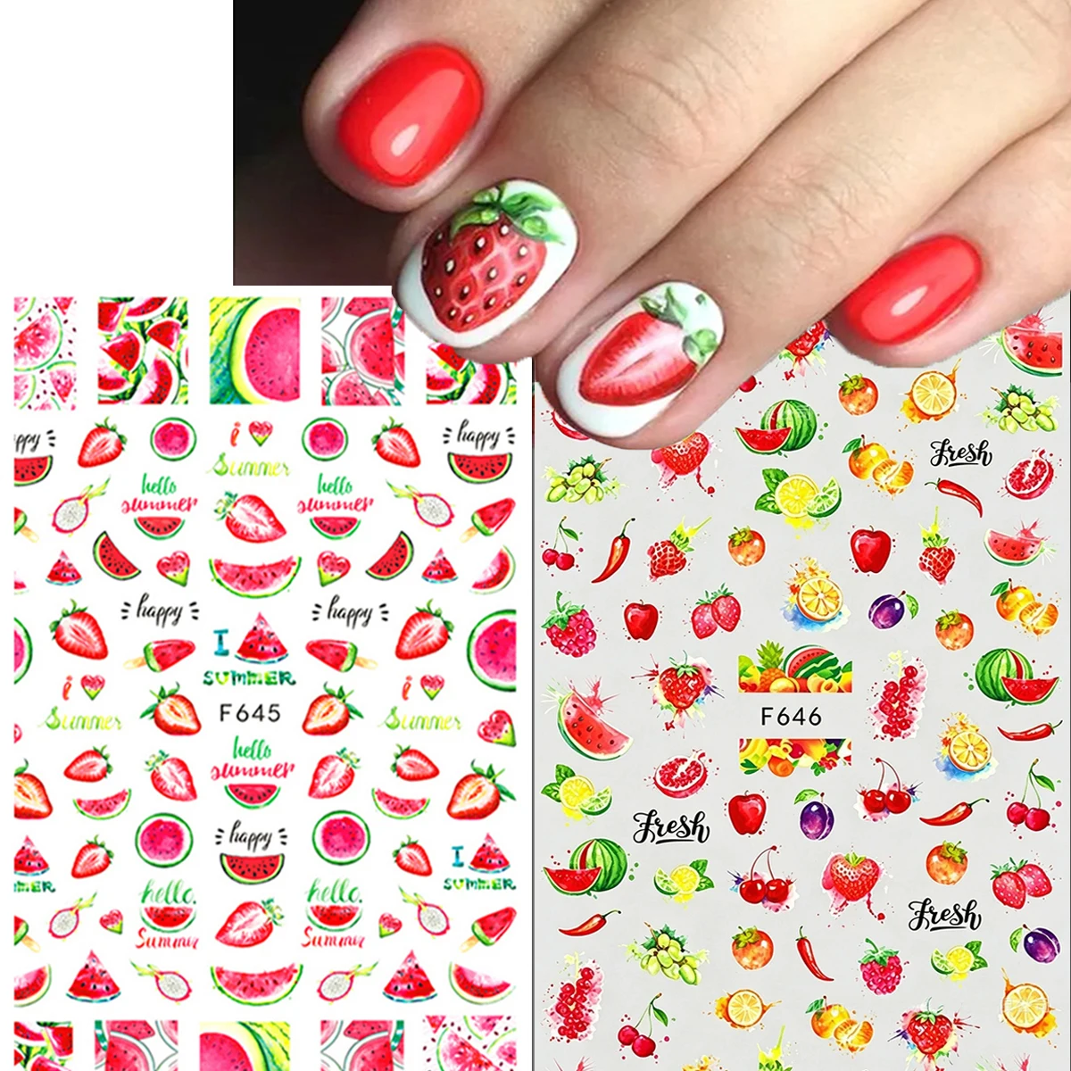 2-Sheets Fruits Cherry Strawberry Watermelon Lemons 3d Nail Art Stickers Nails Decals For Nails Tips Decorations