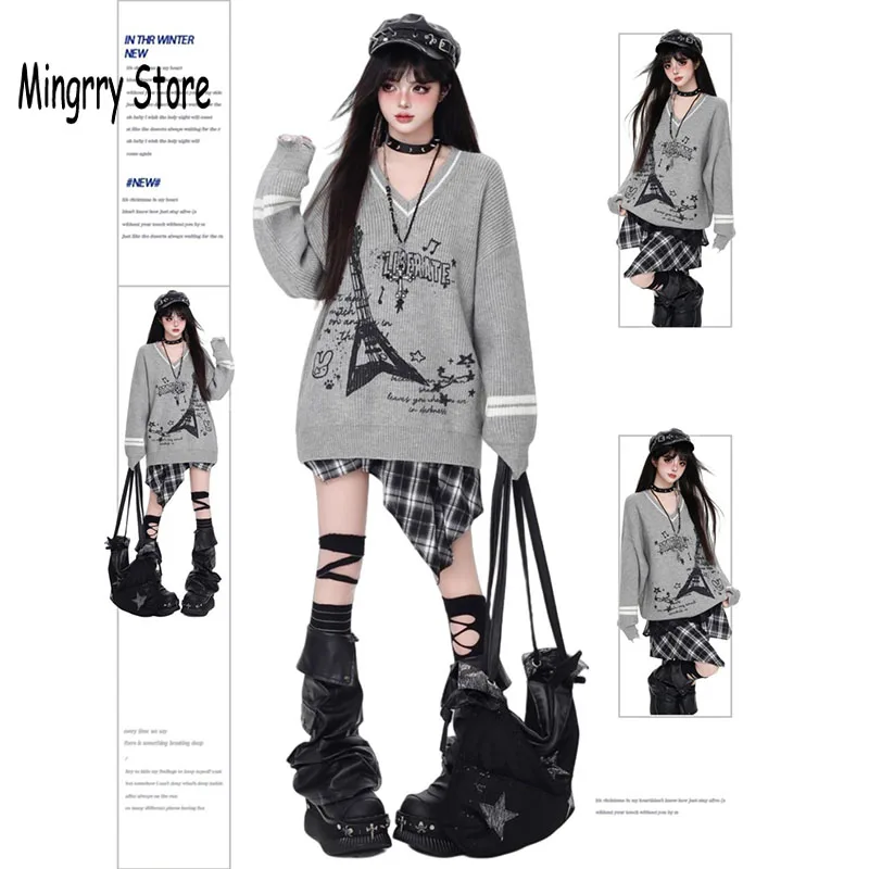 

Women Knit Sweater Fashion Preppy style Harajuku Punk Girl Long Sleeve Knit Tops 2025 Autumn Winter Print Y2k Aesthetic Pullover
