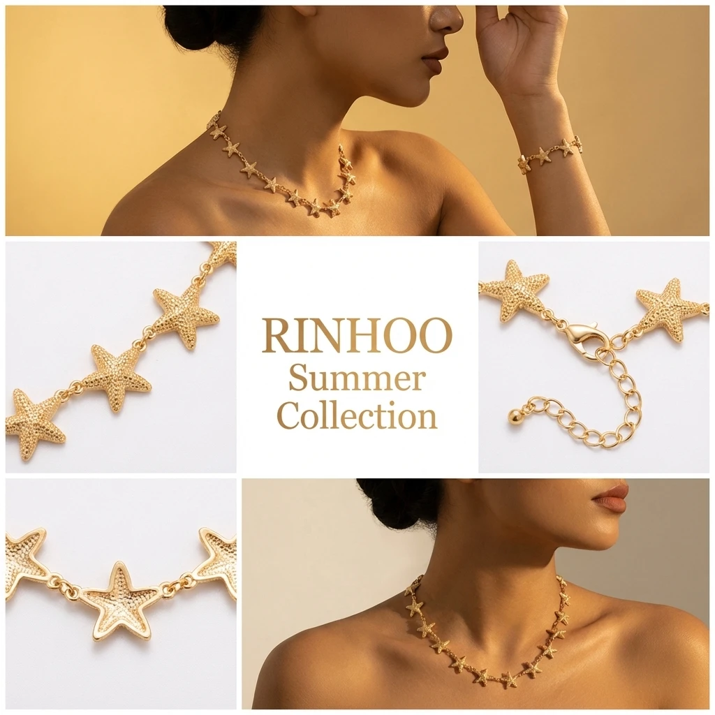 Boho Goldfarben Seestern Halskette und Armband Set für Frauen Strand Ozean Thema Kette Armreif Schmuck Sommer Urlaub Accessoires Geschenk – Detail 4