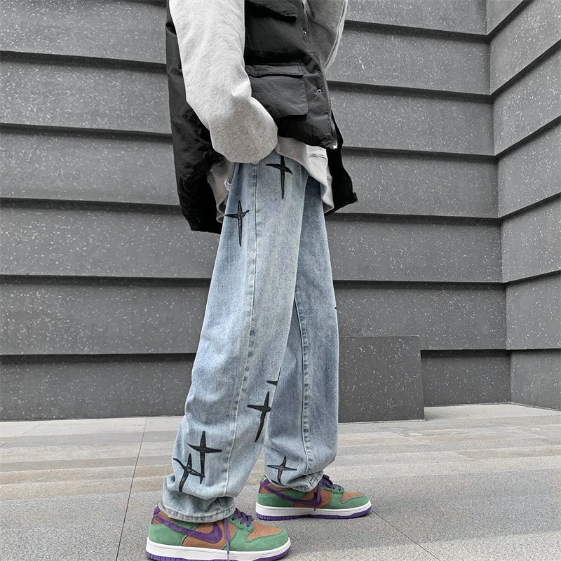 New Men's Star Embroidery Jeans Baggy Straight Fashion Korean Wide Leg Denim Pants Streetwear Hip Hop Male Trousers Trendy Brand