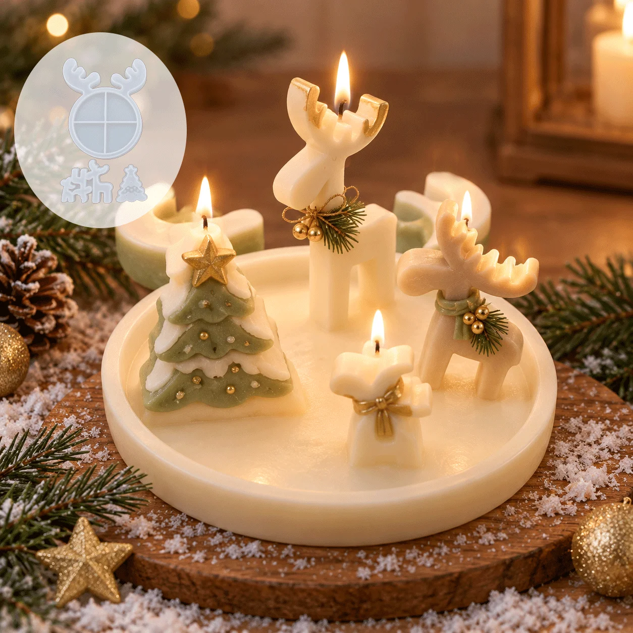 Christmas Elk Antler Round Tray Silicone Mold Set, 4 Cavity Xmas Reindeer & Tree Candle Making Mould for Aroma Plaster, Resin,