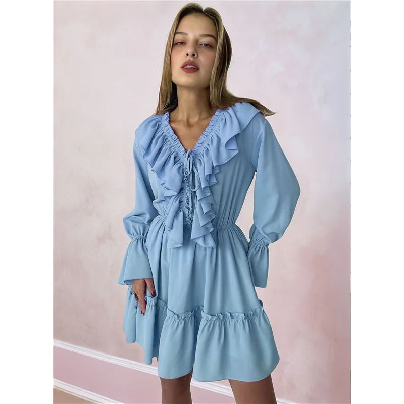 ABRT-femmes col en V décontracté à manches longues robes d'été ample taille haute à volants plissé mignon Mini robe courte