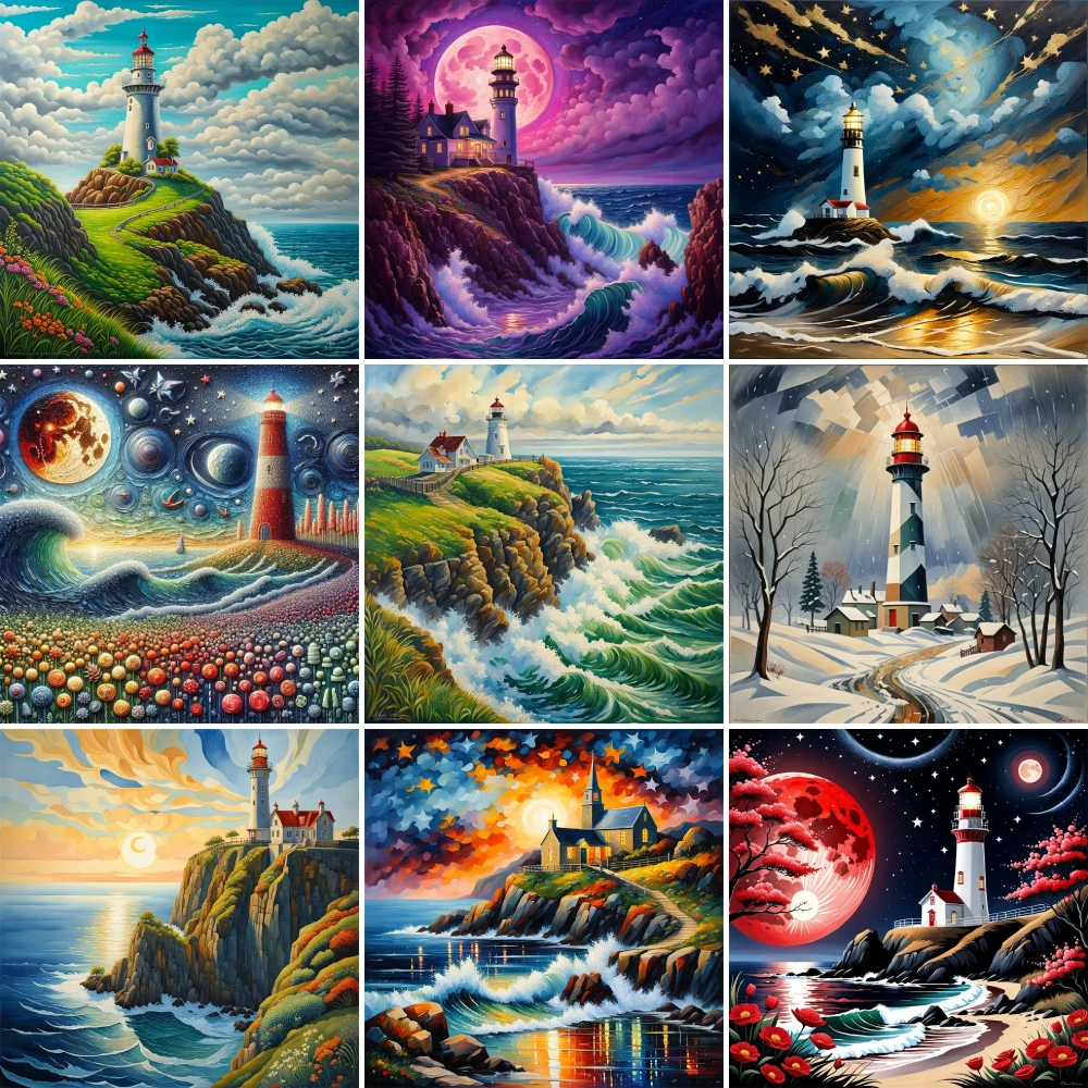 Landscape Lighthouse Pre-Printed Cross Stitch Embroidery Patterns Handmade Handiwork Painting Knitting Needle Jewelry Stamped