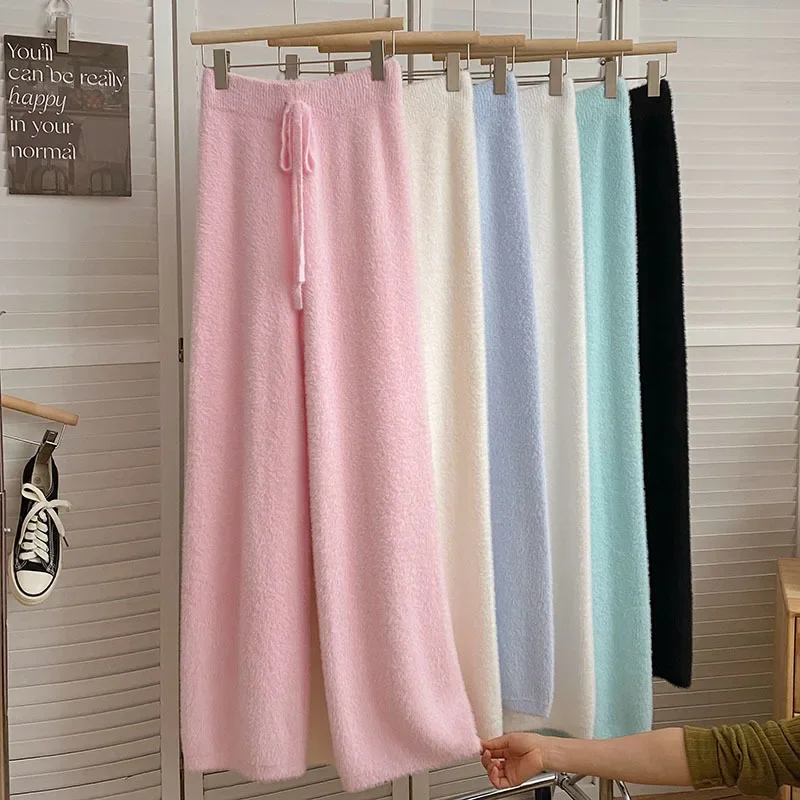 Women Winter Trousers Thickened Warm Casual Lace-up Elastic Waist Wide Leg Pants Solid Color Knitted Mink Cashmere Long Pants