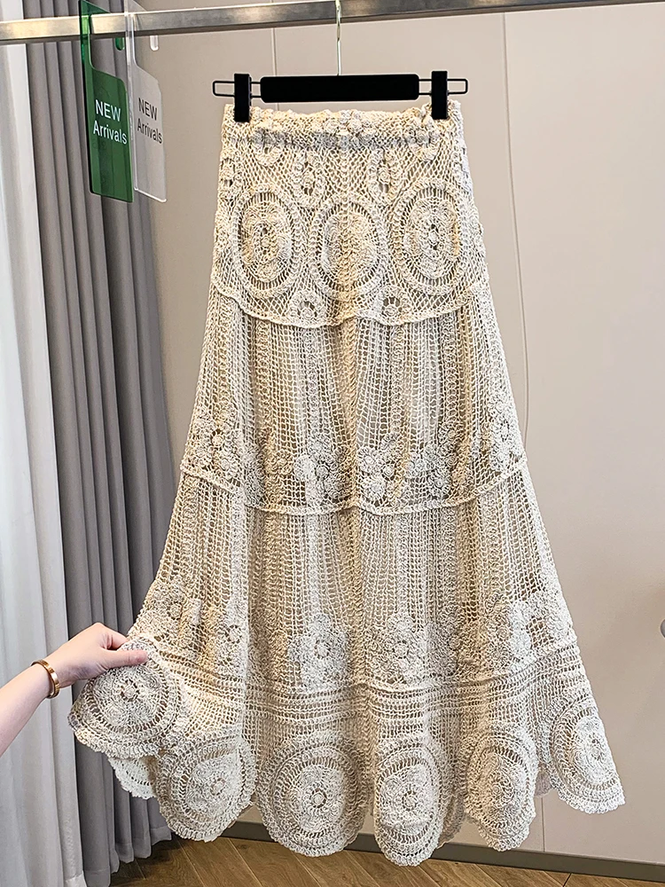 Bohemian Lace Hollow out A-Line  Skirt Light Beige High Waist Slim Fit Long Skirt Trendy Women's Polyester Fiber Skirt