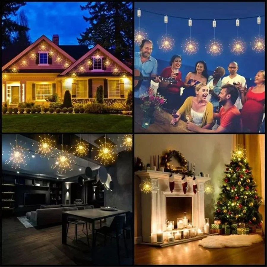 Impermeável LED Dandelion String Luz, Remoto, 8 Modos, Explosão Estrela, Fogos de artifício, Fairy Lights, Festa de Natal, Jardim Decoração Lâmpada