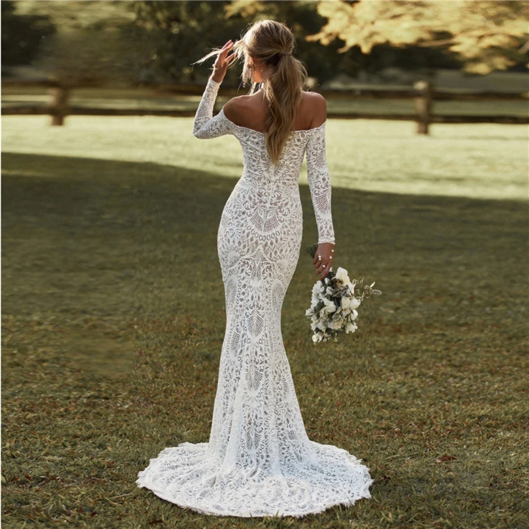 High-end Lace Wedding Dress Cold Shoulder Backless Long Sleeve Skinny Tail Wedding Dresses with Bow knot For Wedding Bridesmaid