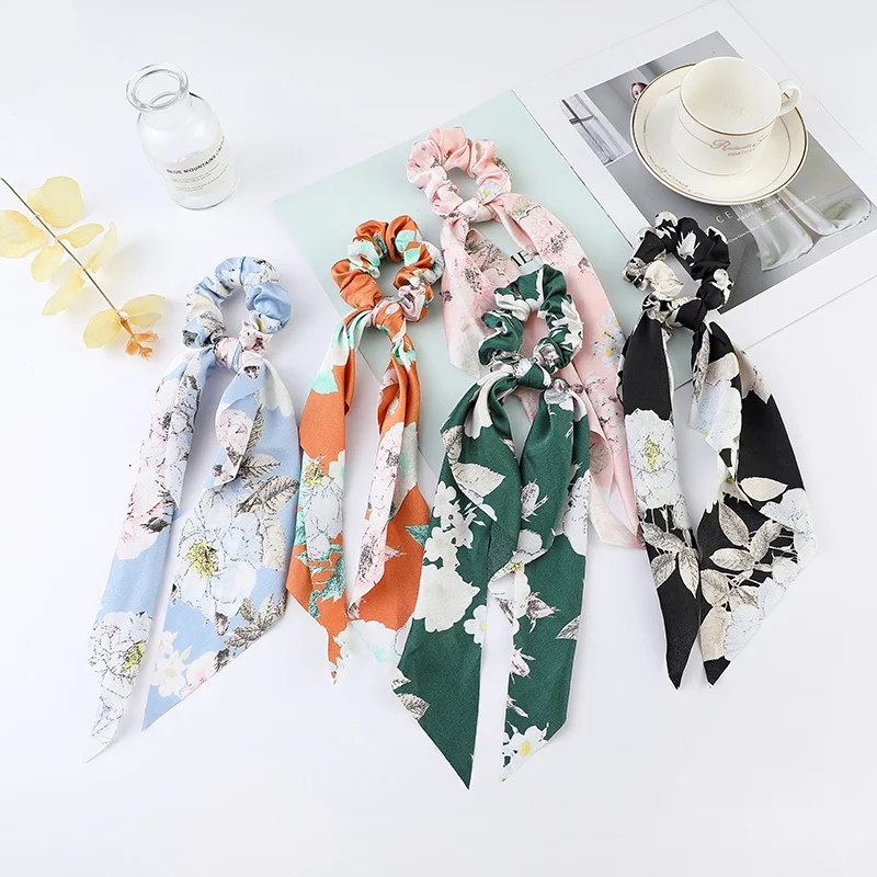 Fashion Flower Print Bow Satin Long Ribbon Ponytail Scarf Tie Scrunchies Women Girls Elastic Bands Hair Accessories