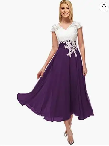 Vestidos de noite chiffon para a mãe da noiva, linha A, decote V, mangas curtas, blusa de renda, comprimento clássico chá, verão