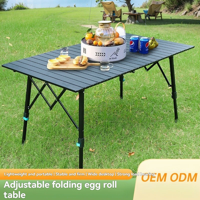 Adjustable Height Aluminum Alloy Egg Roll Table Wood Grain Portable Folding Camping Picnic Table for Outdoor Travel