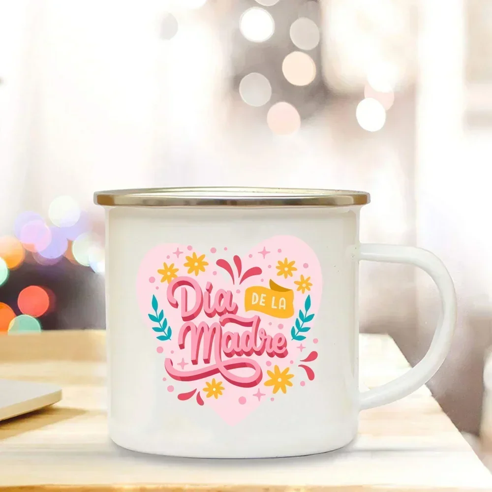 Creative Coffee Cups Handle Enamel Cup Mothers Day Spanish Print Mug Camping Handle Mugs Festive Birthday Gifts for Mom