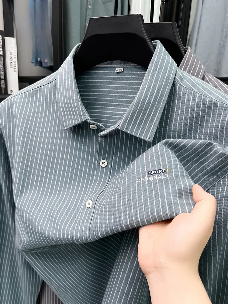 

Мужская футболка из чистого хлопка в полоску, повседневная, деловая, новая, стильная, модная, приталенного кроя, для осени и весны