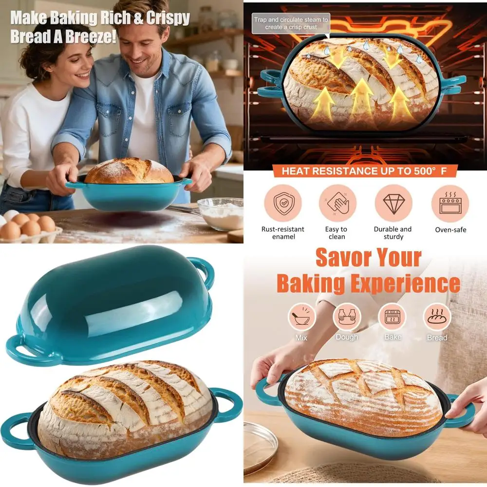 

5-Quart Blue-Green Enameled Cast Iron Sourdough Bread Pan with Lid, Oval Dutch Oven for Baking Homemade Bread and Meatloaf