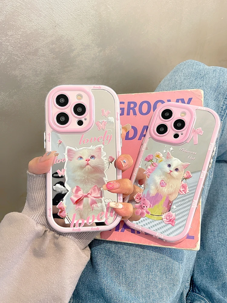 Lovely Pink Cat Soft Frame Hard Mirror Back Cover Case For iPhone 15 Pro Max 14 13 11 12 15 Plus XS XR X