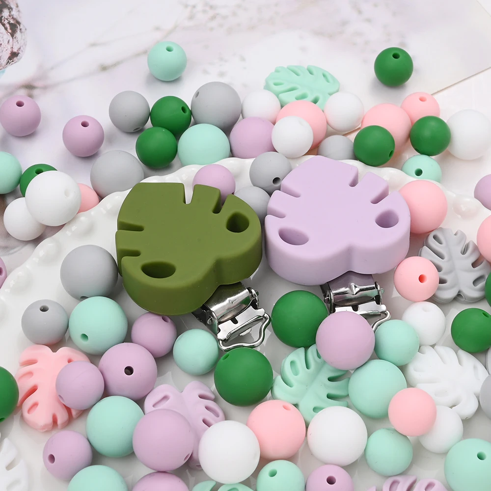 23pcs/set Silicone Beads Leaves Clips Round Teether Beads For Handmade Pacifier Chain Beaded Pen Handicrafts Accessories