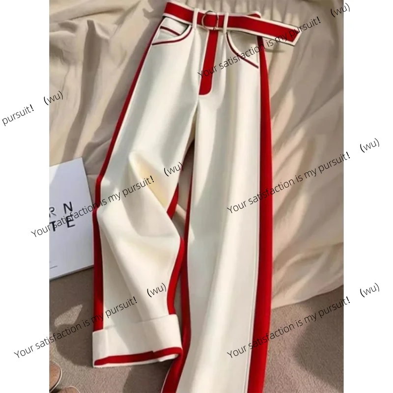 

White and red patchwork thickened thermal pants women's Y2k straight loose wide-leg pants 2025 new high waist
