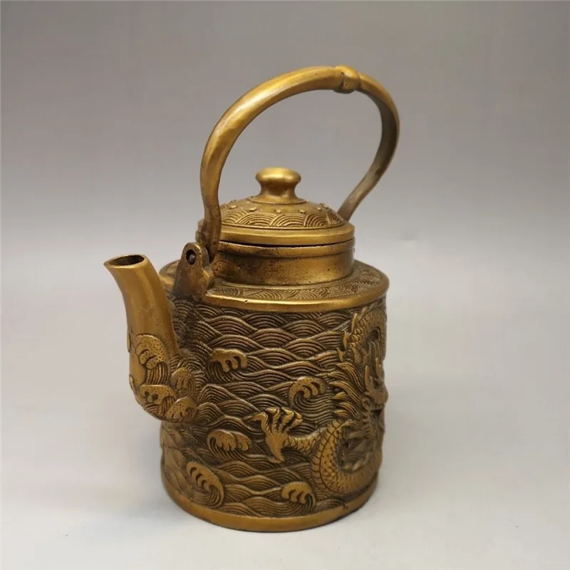 Brass pot with sea dragon pattern on the body, hand-crafted, exquisite and substantial, vintage collectible decorative item