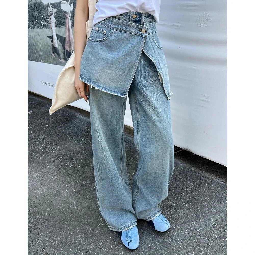 

Detachable Two-in-One Jeans Drag Length Pants with Skirt Overlay Layering Wide Leg Denim Pants for Women 2025