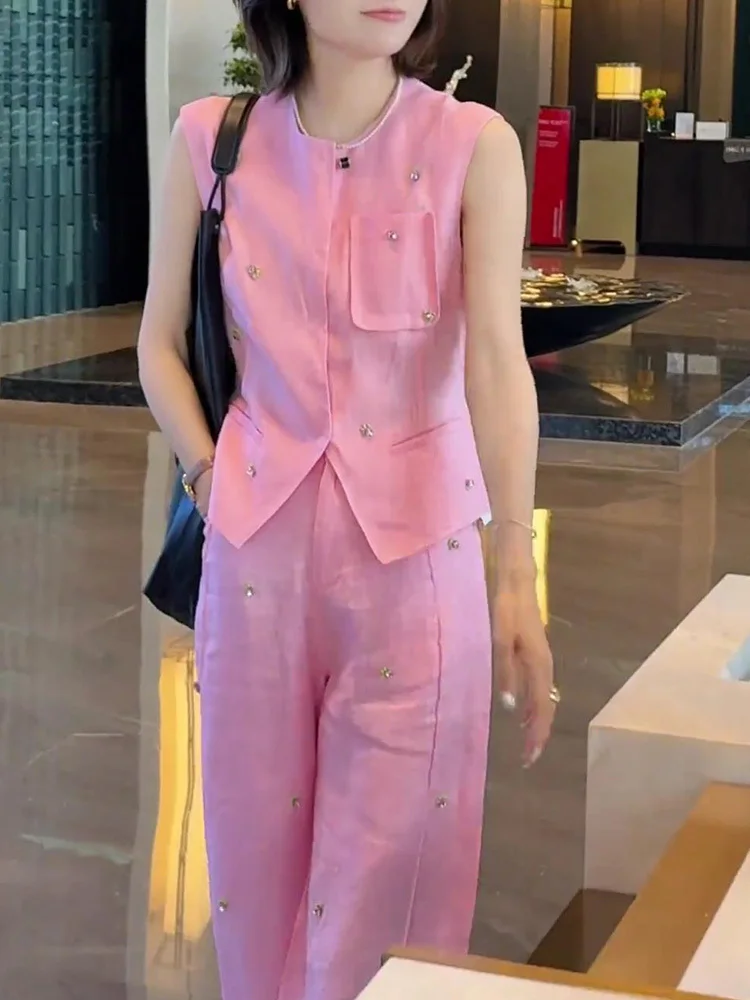 

Light luxury and high-end temperament women's pink linen top and long pants set 2025 summer super popular two-piece set