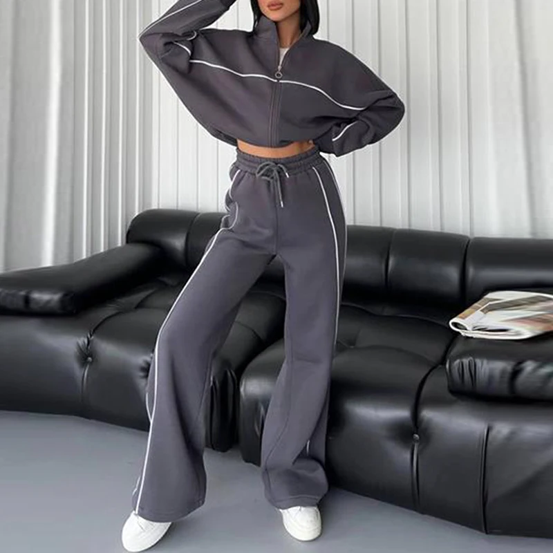 Women Fashion Elastic Waist Lace-up Solid Sport Outfits Casual Long Sleeve Loose 2Pc Set Elegant Zip Sweatshirt & Long Pant Suit