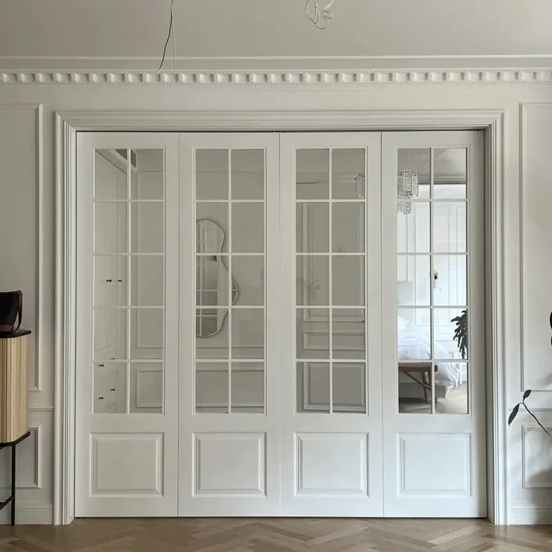 French Lattice Changhong Glass Solid Wood Folding Door White Lacquered Bedroom Double Door Composite Multi-layer Wooden Door