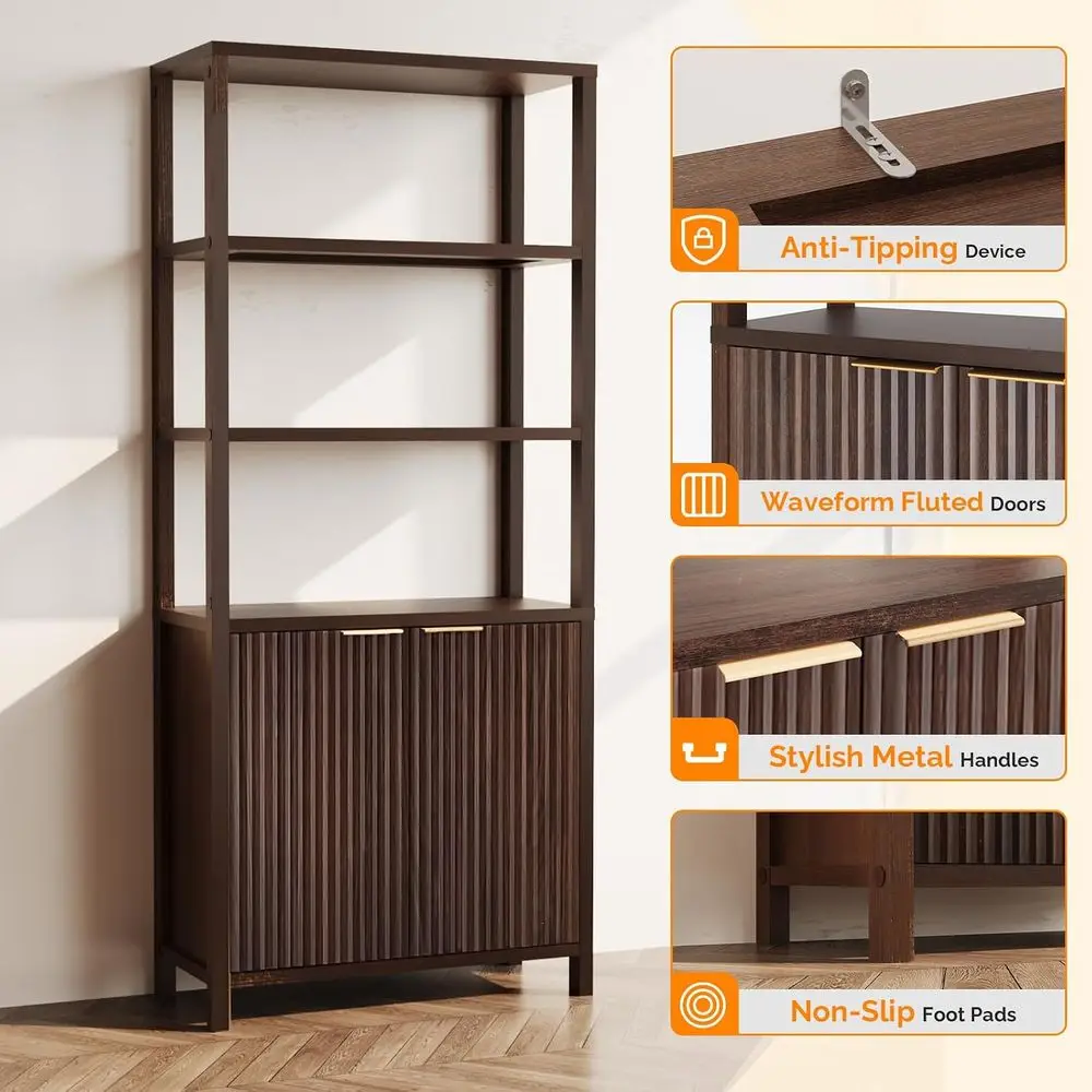6-Tier Walnut Wood Storage Cabinet with Adjustable Shelves, Ideal for Books, Living Room, Home Office, Kitchen Pantry view 6