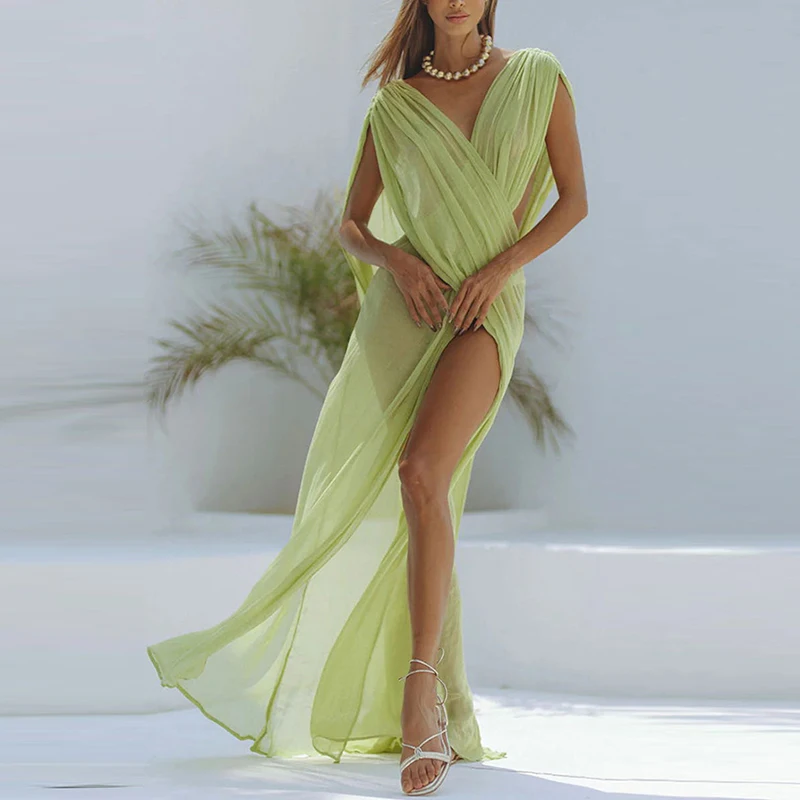 Ropa de mujer vestido playero Sexy perspectiva malla drapeado vestido largo verano ahueca hacia fuera sin mangas vestido dividido Vestidos