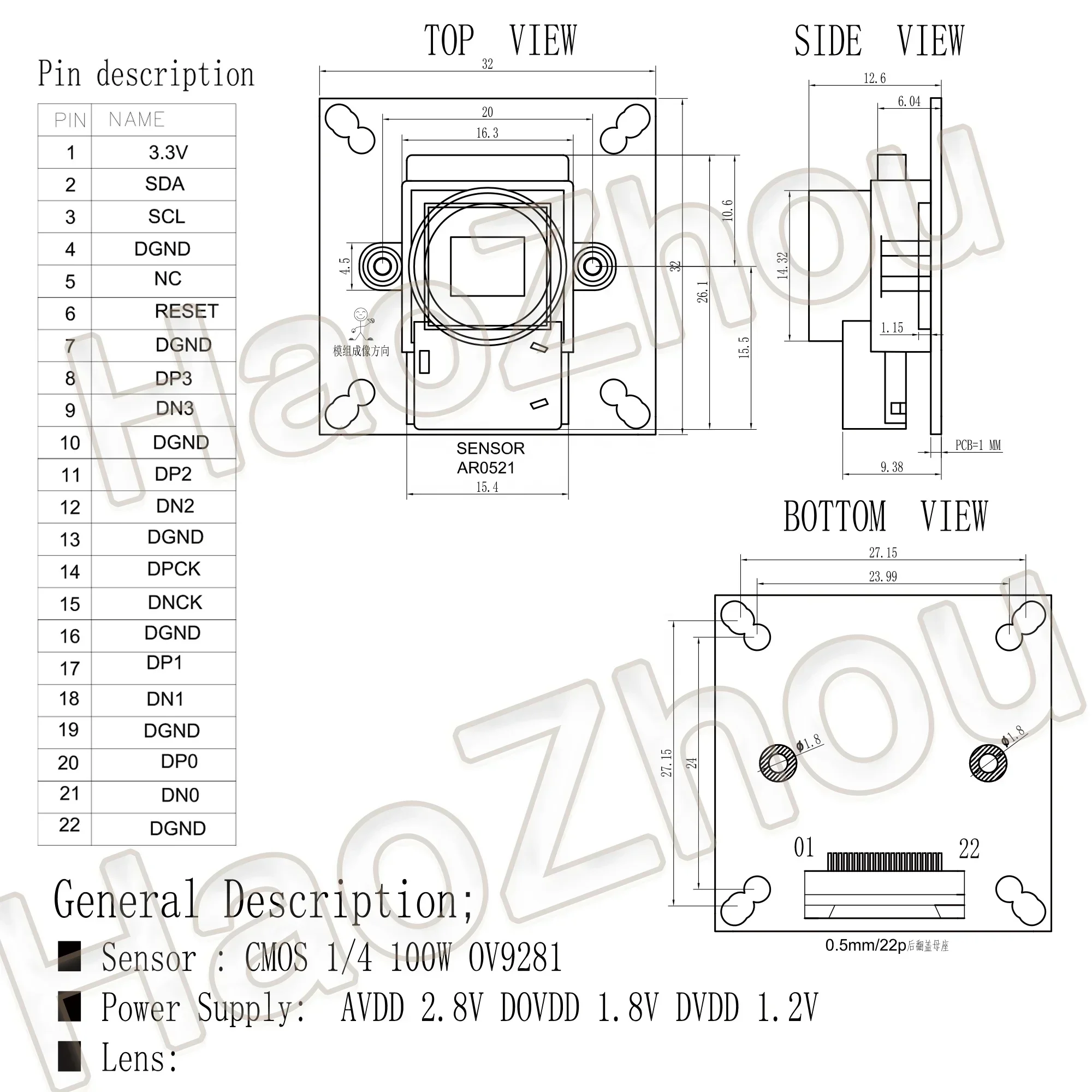 New In stock Custom Haozhou HZ-OV9281 S1.0 1MP OV9281 MIPI Camera Module Auto Focus 30FPS Global Shutter 4-layer PCB   Camera Mo