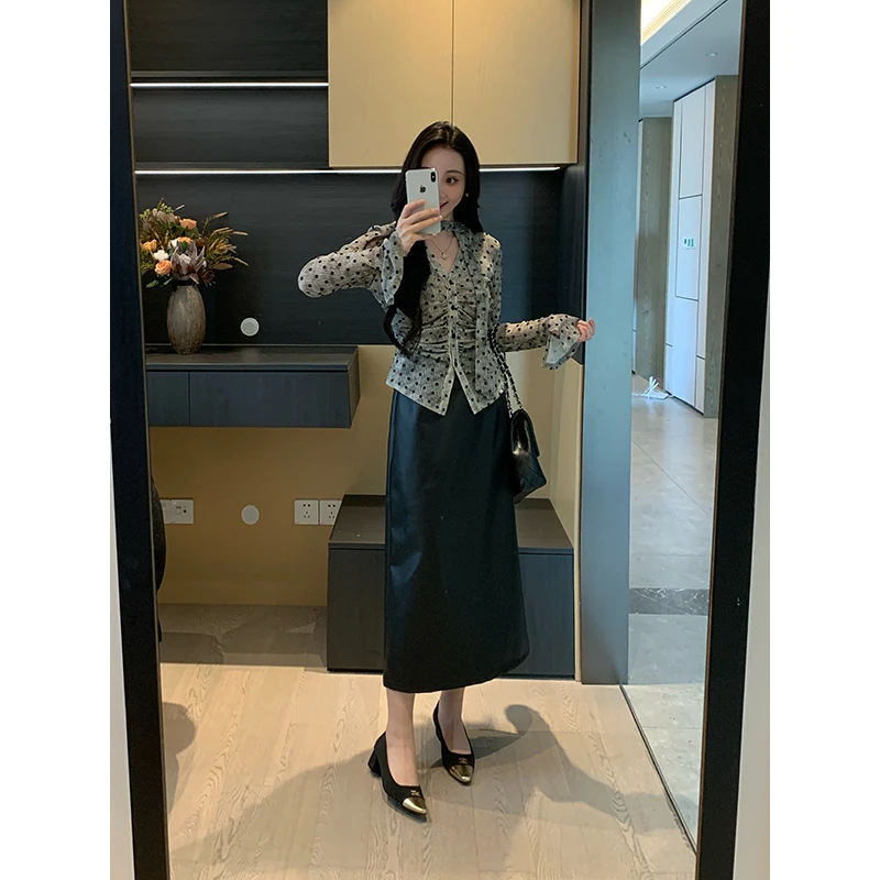 

XIN Purple Kite Wind Scent High Waist PU Leather Midi Skirt Women's Ele Versatile Straight Leggings Autumn Collection