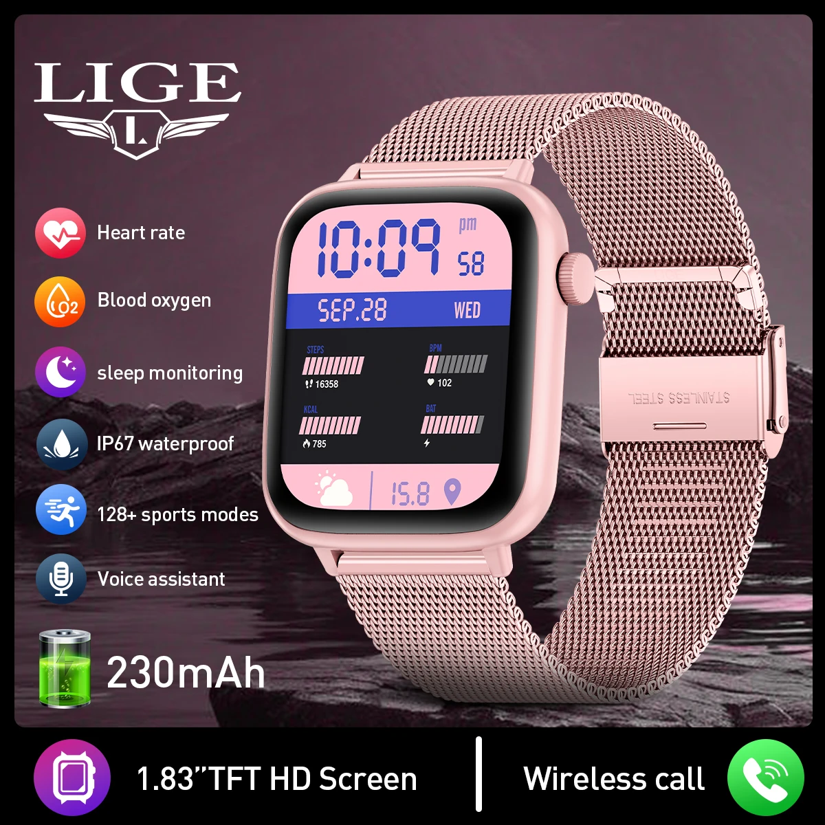 LIGE Fashion Smart Watch Women Gift Bluetooth Call Full Touch Screen Sports Fitness Watches Digital Men‘s Smartwatch For Android