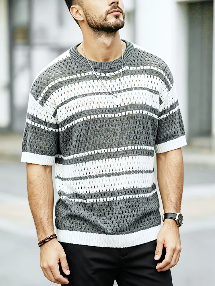 Vintage Hollow Out Knitwear Fashionable Contrast Color Striped Short Sleeve Tees Breathable O Neck Summer T-shirts Mens