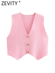 Zevity Women Euro V Neck Sleeveless Metal Buttons Knitting Vest Jacket Lady Casual Retro Short WaistCoat Crop Tops CT6266