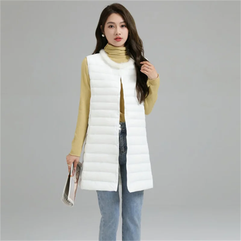 Mink Collar Long Down Waistcoat Jacket New Winter Women Ultra Light White Duck Down Vest Coat Ladies Sleeveless Warm Tank Parkas