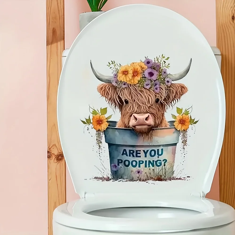 Weird Highland Cow Flower Self-Adhesive Sticker for Bathroom Home Decor Wall Door & Refrigerator - Toilet Decorative Mural AA617