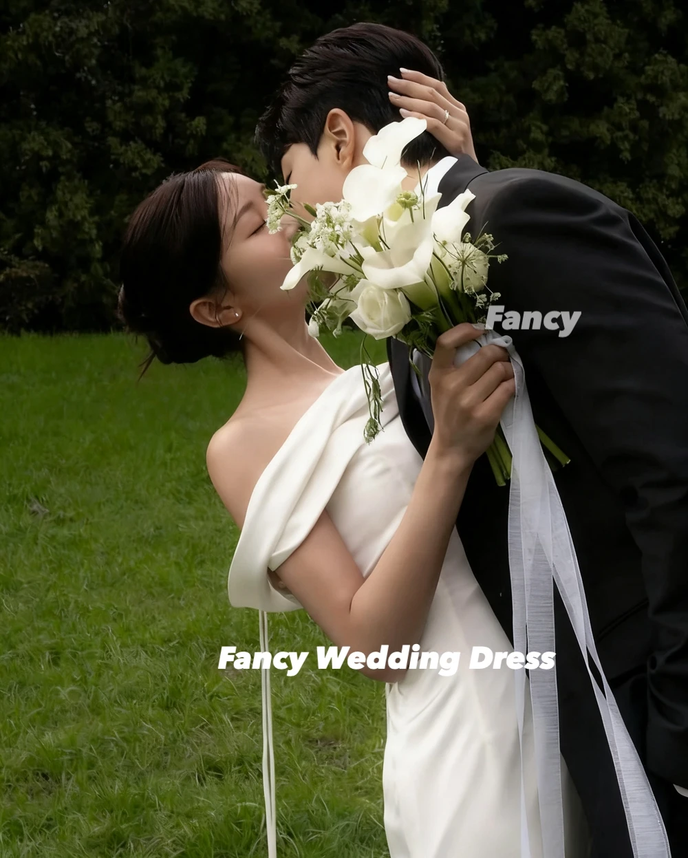 Fantaisie élégante une épaule corée robes de mariée personnalisé bretelles Spaghetti sirène robe de mariée crêpe séance photo robe de mariée