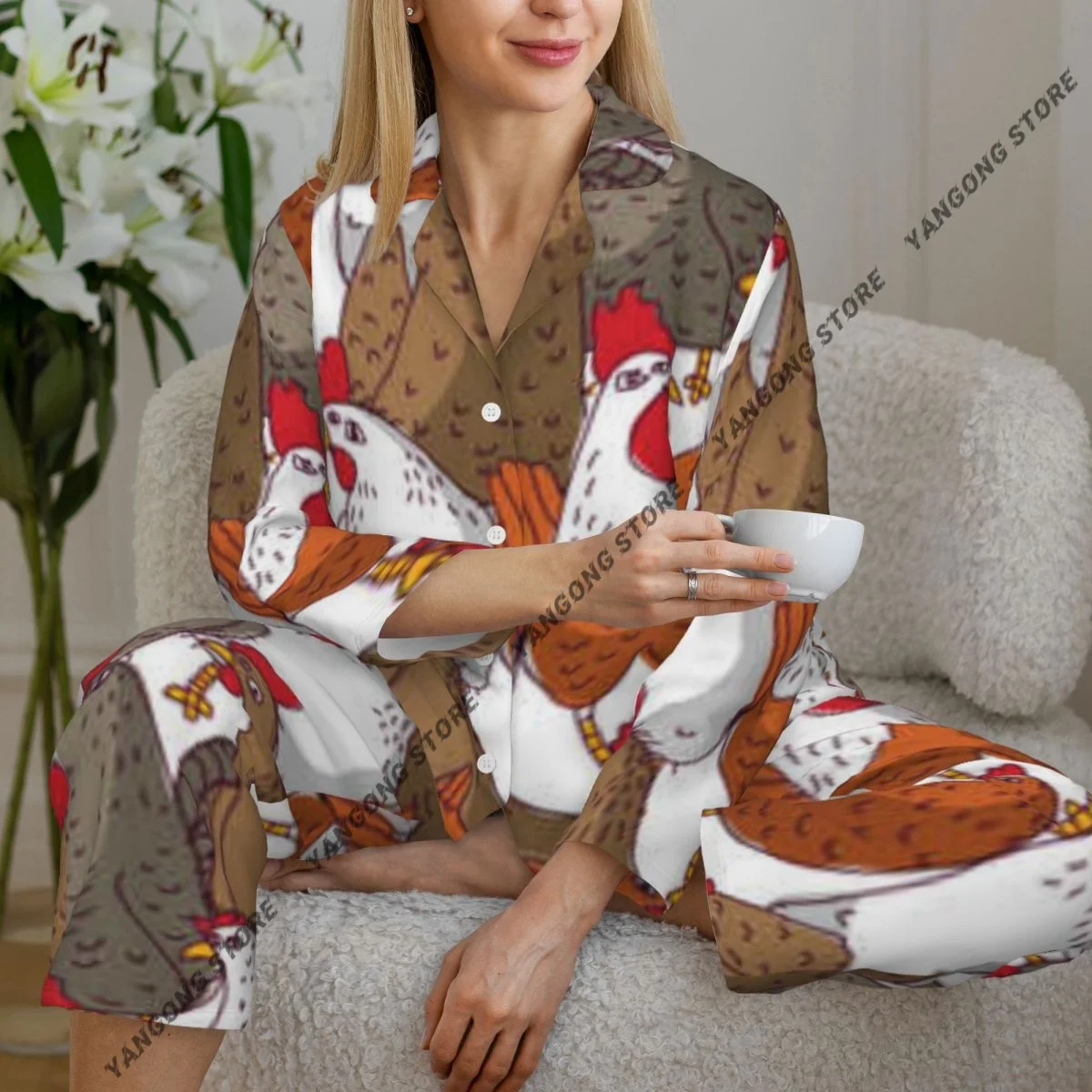 

Women's Pajamas Long-sleeved Girl Loungewear Two-piece Set Chicken Pattern Pajamas for Autumn Spring